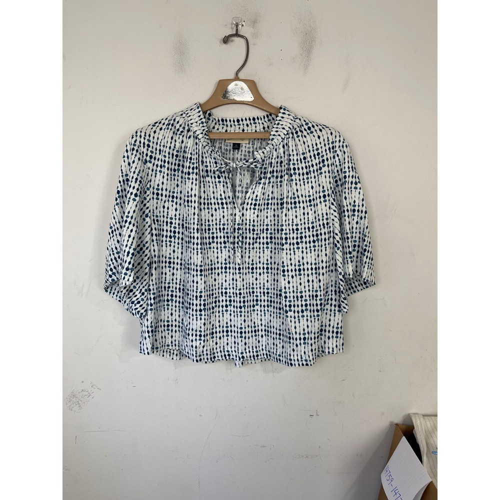 Universal Thread Blue White Ikat Linen Blend Tie Neck Blouse XS Short Sleeve